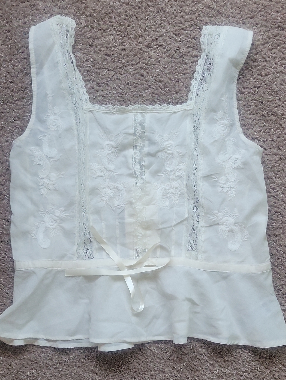 Zara White Lace-Trim Embroidered Cotton Chemise Top Sz M